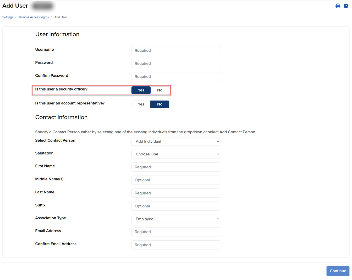 The add a security officer panel in portal